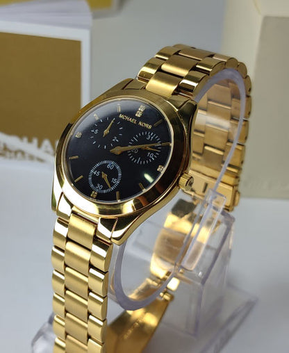 Michael Kors Black Ladies Watch MK3205 Yellow Gold