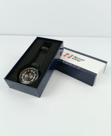 Never Stop Hidden Black Leather Strap Men's Watch