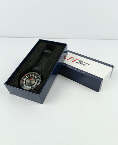 Never Stop Hidden Black Leather Strap Men's Watch