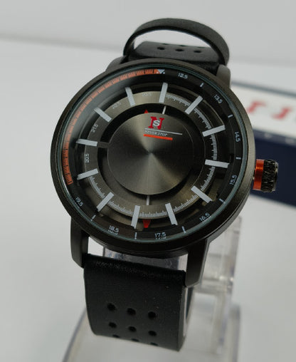Never Stop Hidden Black Leather Strap Men's Watch