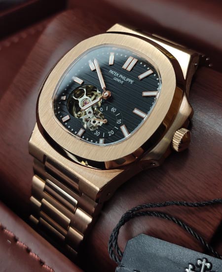 PP Nautilus Rose Gold Skeleton Black Dial Watch