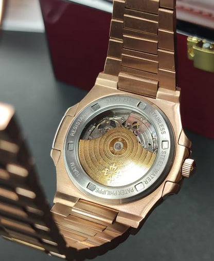 PP Nautilus Rose Gold Skeleton Black Dial Watch