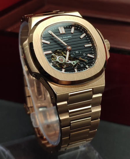 PP Nautilus Rose Gold Skeleton Black Dial Watch
