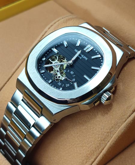 PP Nautilus Silver Skeleton Black Dial Watch