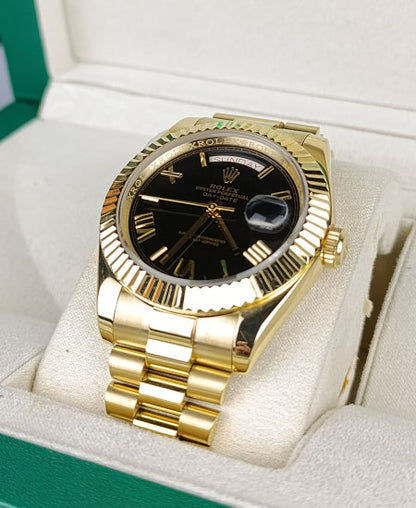 RLX Day Date Watch Yellow Gold Black Dial Roman 228238