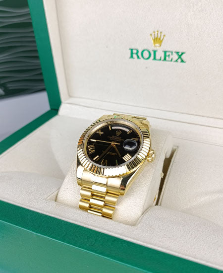 RLX Day Date Watch Yellow Gold Black Dial Roman 228238