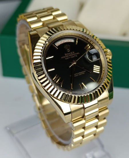 RLX Day Date Watch Yellow Gold Black Dial Roman 228238