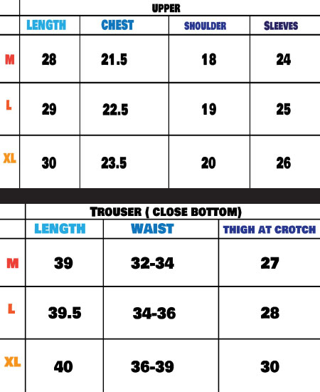 Track suit Size Chart