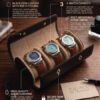 leather 3-slot watch travel case with soft cushions holding three wristwatches