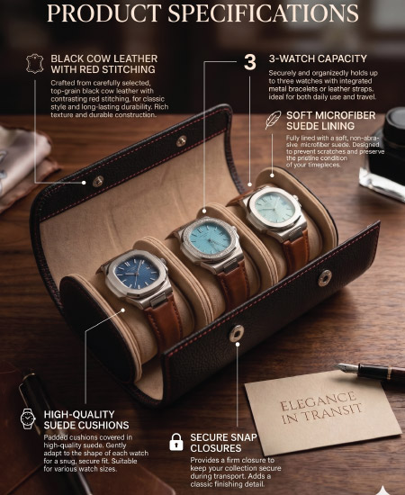 leather 3-slot watch travel case with soft cushions holding three wristwatches