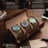 Brown leather 3-slot watch travel case with soft cushions holding three wristwatches