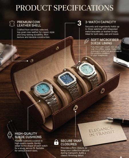 Brown leather 3-slot watch travel case with soft cushions holding three wristwatches